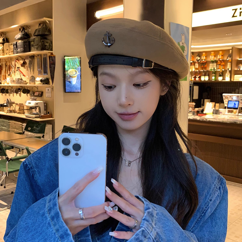小众设计帽子女款2025秋冬新款甜酷百搭贝雷帽船锚皮带扣画家帽潮