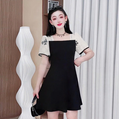 3367夏季法式连衣裙高级感大码女装显瘦收腰气质拼接微胖百搭裙子