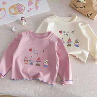 花边儿童纯棉长袖 女童圆领宝宝上衣休闲百搭木耳边棉t T恤春秋新款