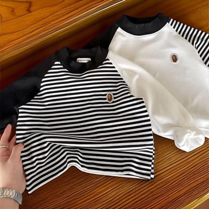 儿童德绒条纹长袖T恤新款秋冬男女童宝宝保暖打底衫上衣中小童衫