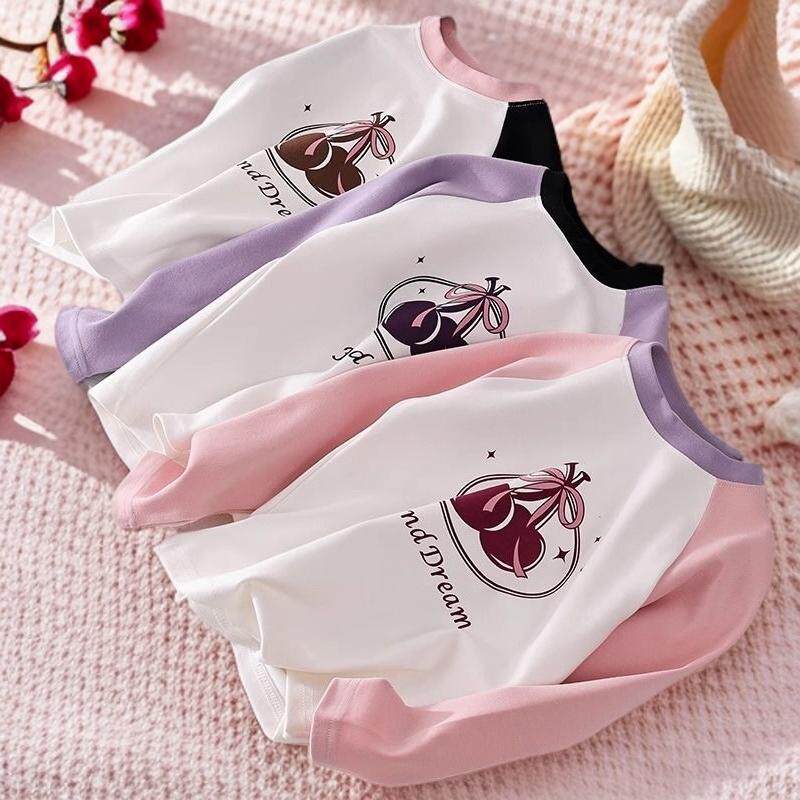 女童春秋圆领长袖纯棉T恤吸汗韩版洋气印花插肩拼色小童上衣童装