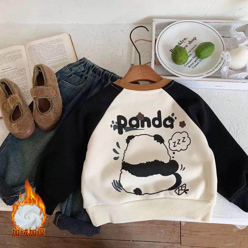 儿童加绒卫衣一体绒插肩拼色卡通男女童冬季厚款宝宝中小童上衣