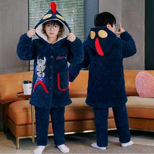 男童奥特曼三层夹棉冬季加厚款珊瑚绒儿童睡衣男孩法兰绒冬天套装