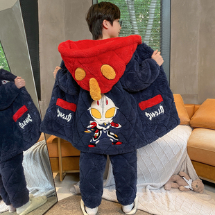 奥特曼睡衣男童秋冬季三层加厚珊瑚绒夹棉初中学生大童青少年棉袄