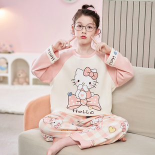 Hellokitty女童睡衣春秋季长袖纯棉薄款卡通女孩大童13岁初中学生