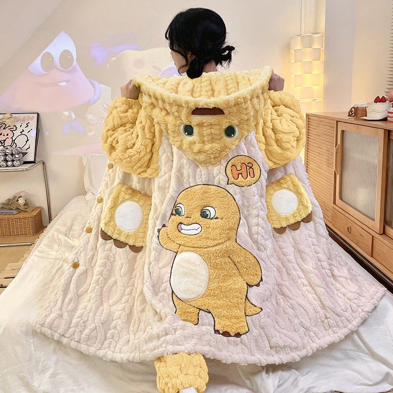 奶龙珊瑚绒睡袍女士秋冬款睡衣加厚加绒保暖青少年学生大码家居服