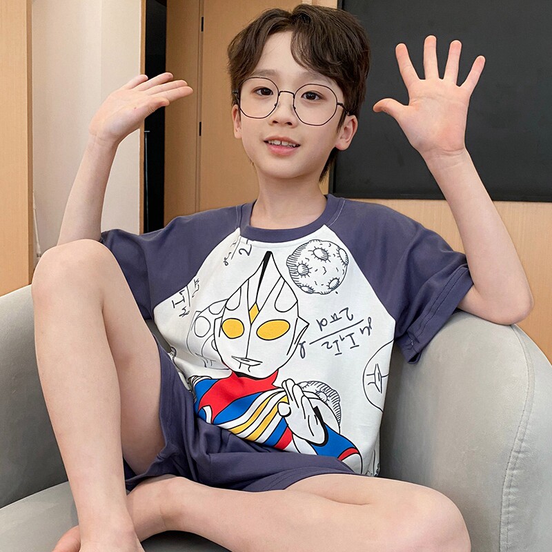 儿童睡衣夏季男童纯棉薄款短袖夏天男孩子半袖中大童12家居服15岁