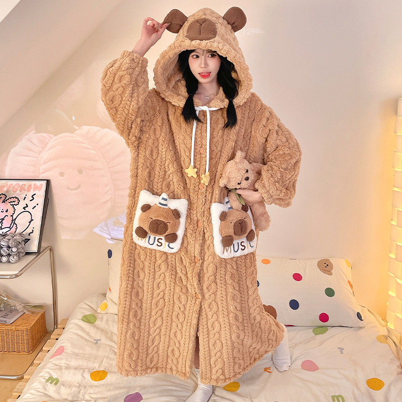 冬季长款珊瑚绒睡袍加厚女家居服