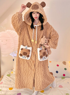 冬季长款珊瑚绒睡袍加厚女家居服