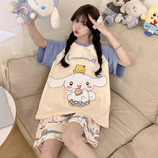 玉桂狗睡衣女款夏季短袖短裤纯棉薄款套装初中学生少女家居服套装