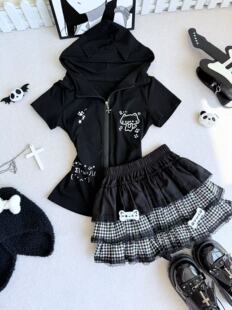 RichGirl猫耳朵日系辣妹修身亚文化二次元连帽短袖外套格子半身裙