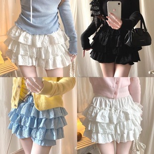 新款百搭层叠立体蛋糕裙女荷叶边高腰浮雕肌理感蛋糕可爱花苞短裤