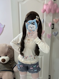 套装 素牛仔花边短裤 蝴蝶结多元 日系软妹奶杏色刺绣甜美流苏上衣