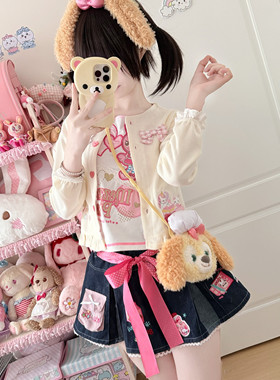 RichGirl日系软妹奶黄针织开衫少女感粉格蝴蝶结刺绣花边荷叶边