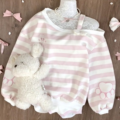 日系可爱粉色条纹露肩猫爪甜美卫衣百搭学生长袖软妹秋冬宽松上衣