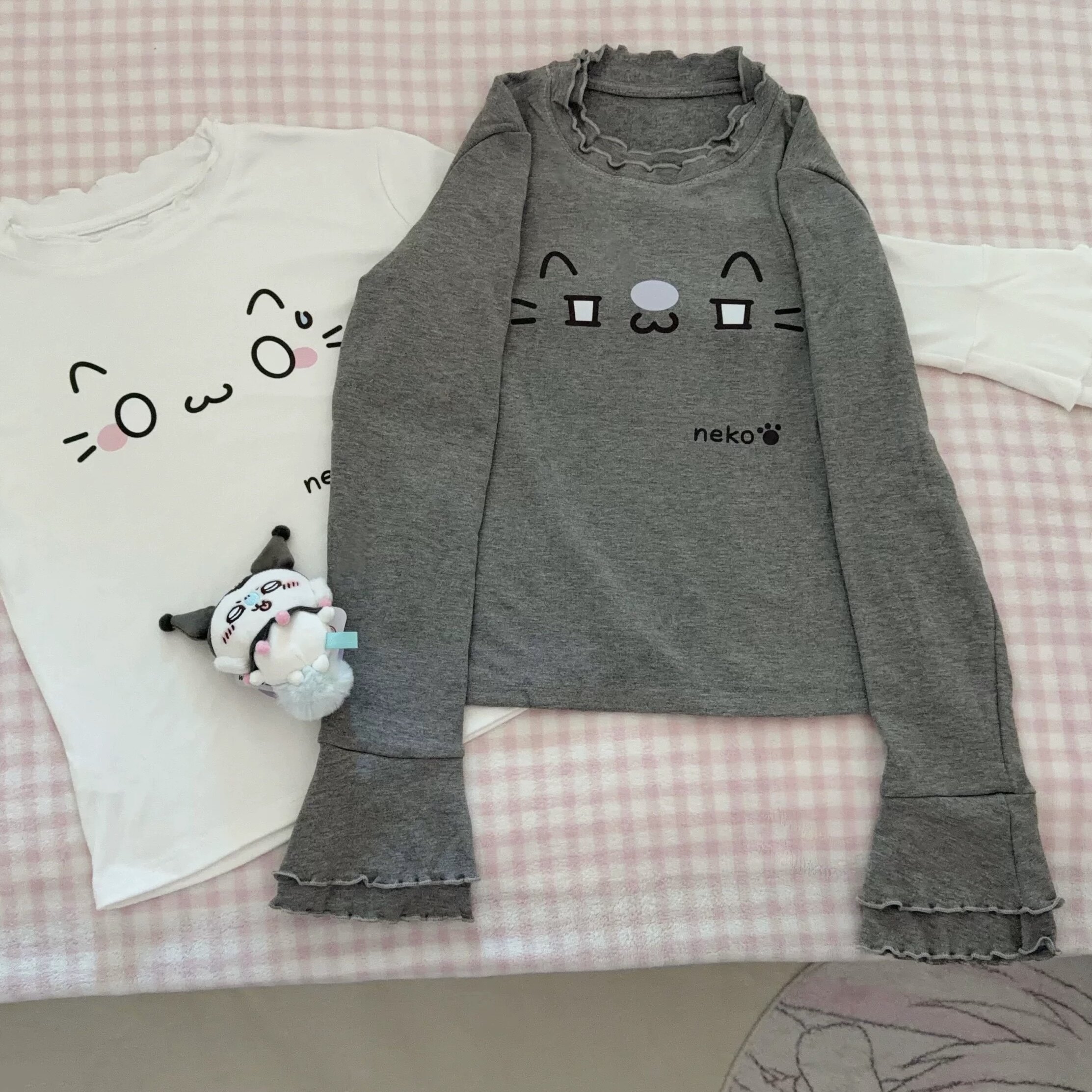 RichGirl日系可爱猫咪印花软妹木耳边显瘦上衣甜美元气少女感打底