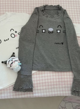 RichGirl日系可爱猫咪印花软妹木耳边显瘦上衣甜美元气少女感打底