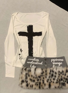 亚比十字朋克白色长袖t恤上衣+豹纹拼接辣妹短裙半身裙两件套女