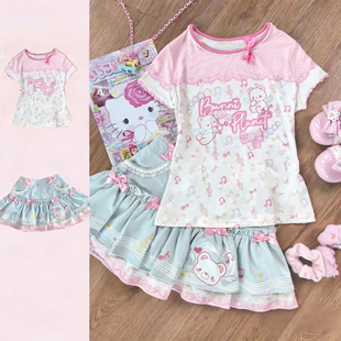 上衣T恤小熊花边短裙两件套装 RichGirl夏季 甜美可爱卡通印花短袖
