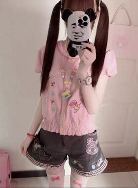 日系mp复刻女儿服超萌粉嫩短袖刺绣软妹开衫短外套百搭童趣绣花款