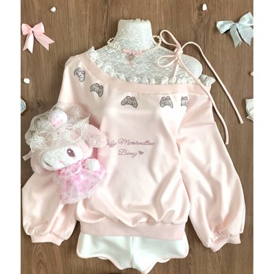 RichGirl少女纯欲清新复刻甜妹休闲可爱长袖T恤露肩重工上衣