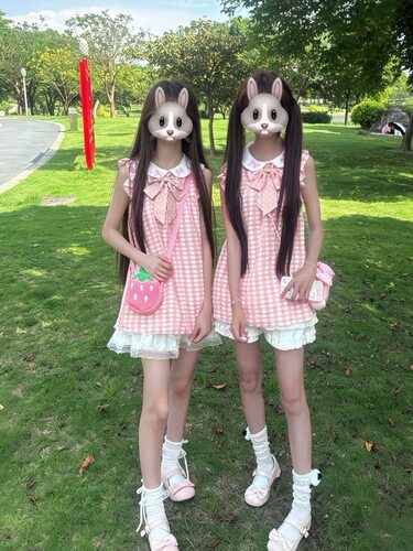 清新小飞袖闺蜜双子款粉色格子甜美连衣裙裙子女夏季格子裙