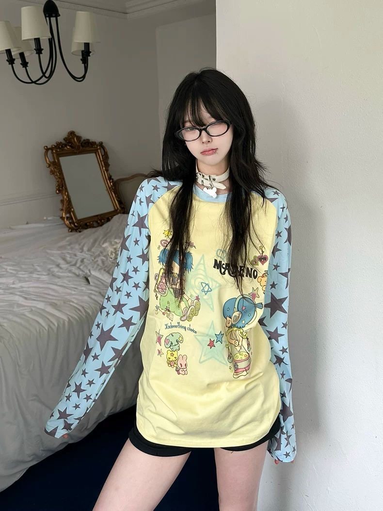咖喱人美式趣味卡通星星印花正肩T恤女y2k插肩袖撞色短款秋季上衣图片