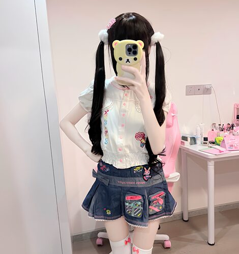 RichGirl自制开衫短袖可爱刺绣上衣mp刺绣礼物盒牛仔裙爆款两件套