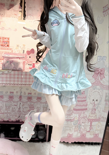 RichGirl少女原创设计小鲨鱼可爱乐园T恤 蓝宝宝绒短裙 连帽马甲