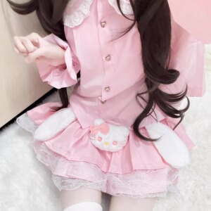 RichGirl少女甜粉软妹套装可爱泡泡袖娃娃领上衣粉kitty猫咪短裙