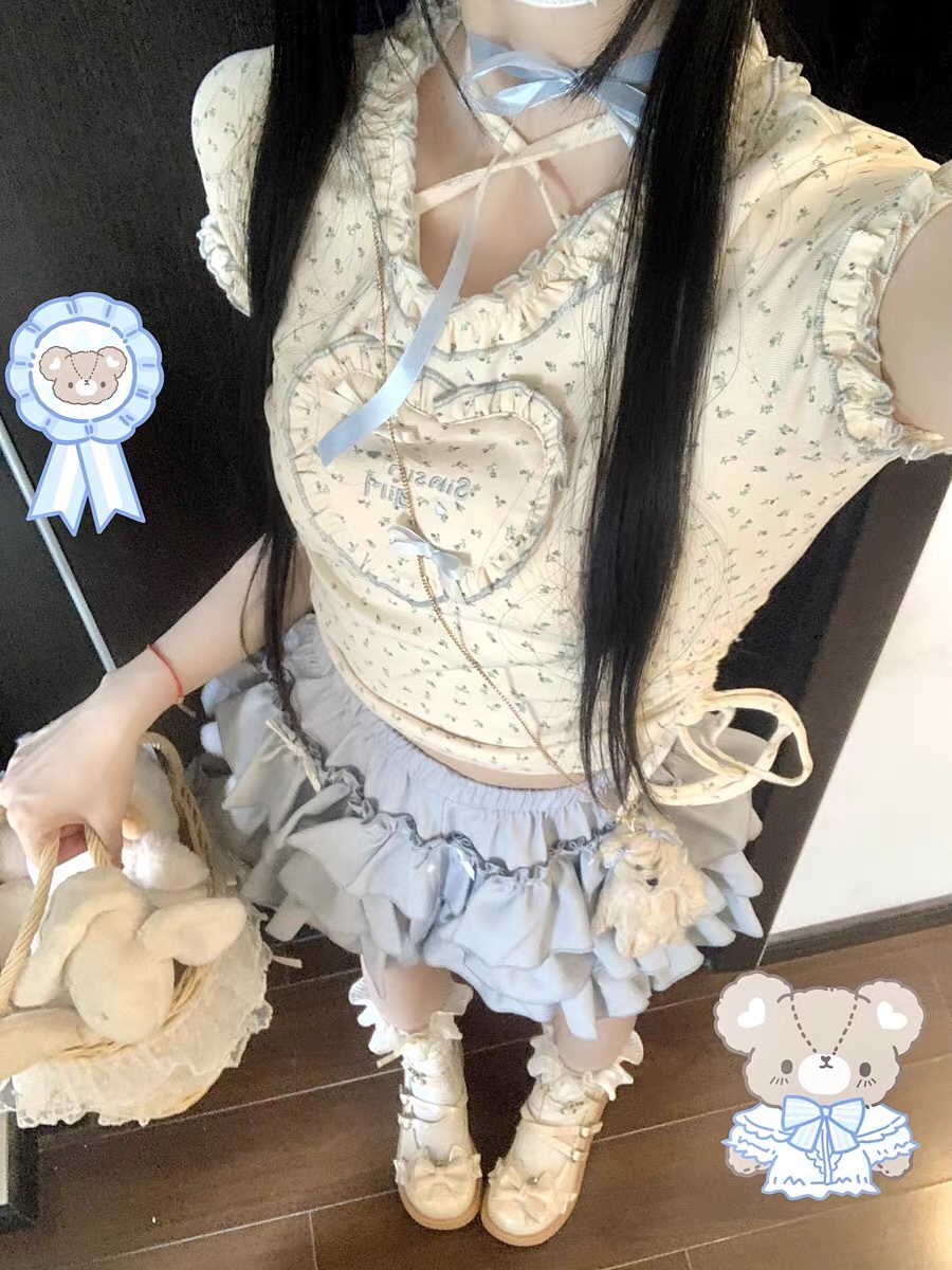 夏季新款日系软妹木耳边抽绳清新甜美碎花短袖蓝色蛋糕两件套装