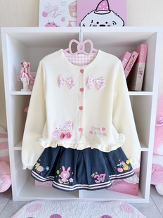 牛仔刺绣短裙套 百搭 软妹风奶格子蝴蝶结针织开衫 少女感刺绣短款