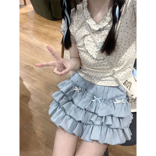 夏甜美两件套装木耳边碎花爱心短袖T恤抽绳上衣+a字蛋糕半身短裙