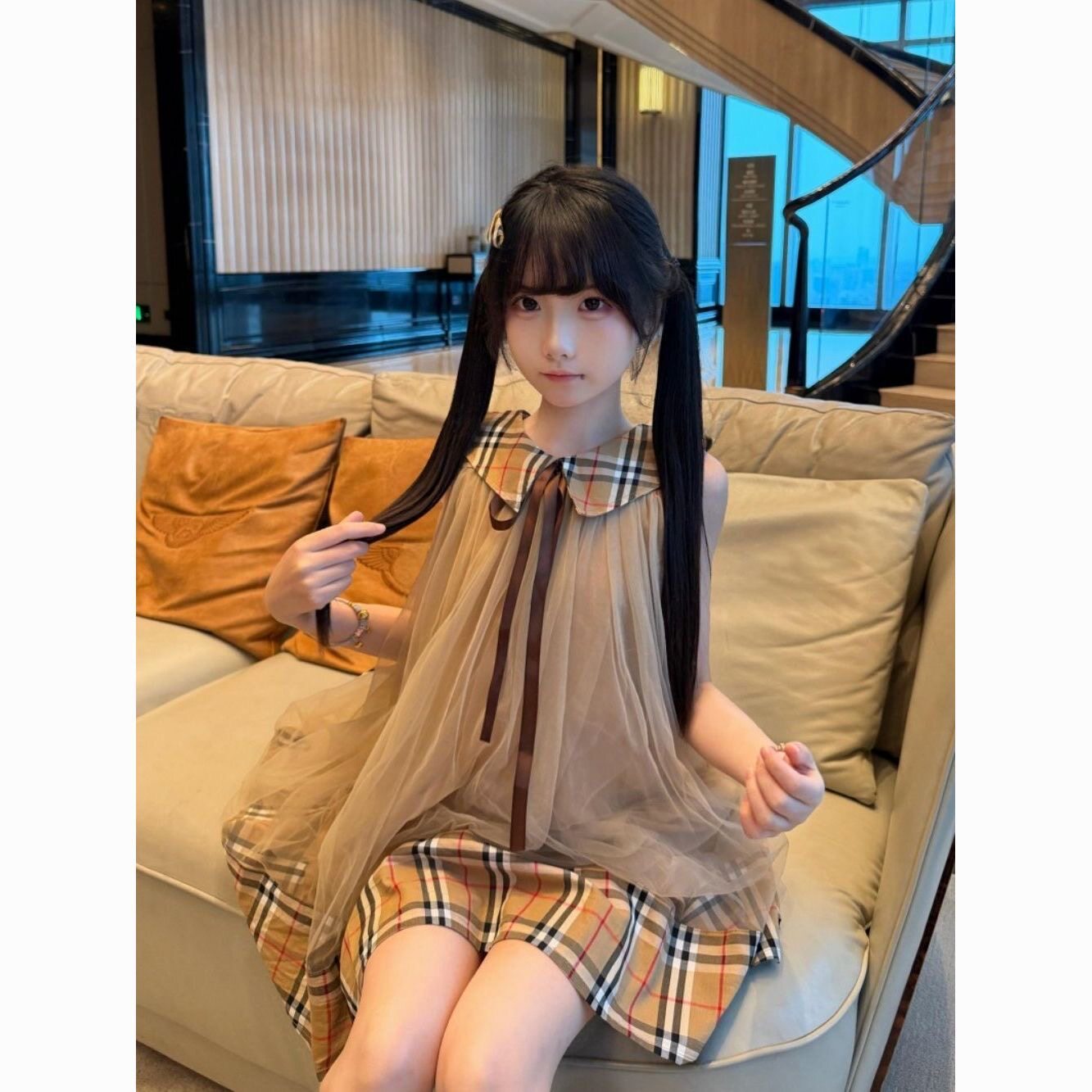 甜美可爱格纹拼接娃娃领无袖连衣裙女夏季小个子宽松显瘦蓬蓬短裙图片