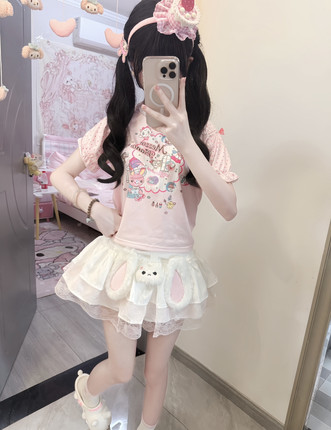 软妹RichGirl女儿服日系软妹可爱兔子派对印花上衣趴耳兔短裙套装