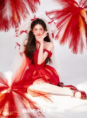 影楼新款红色新年喜庆甜美少女风连衣裙韩系艺术写真摄影服装