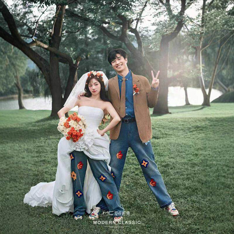 影楼主题服装情侣写真婚纱摄影牛仔裤白纱花朵头纱外景旅拍礼服