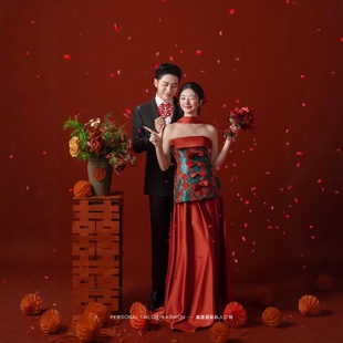 新中式红色抹胸鱼尾晚礼服女高级感重工敬酒服新娘结婚裙