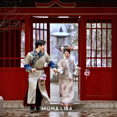 清代印花古装旗袍两件套