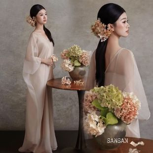 新中式清冷氛围感长袖连衣裙复古禅意色温柔气质写真艺术照服装