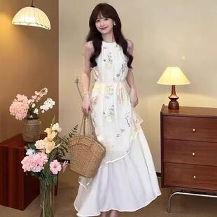 女夏挂脖网纱刺绣连衣裙女装裙子长裙高级感海边氛围感