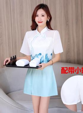 22902春夏新款美容师养生馆工作服女SPA连衣裙足浴足疗技师雪纺裙