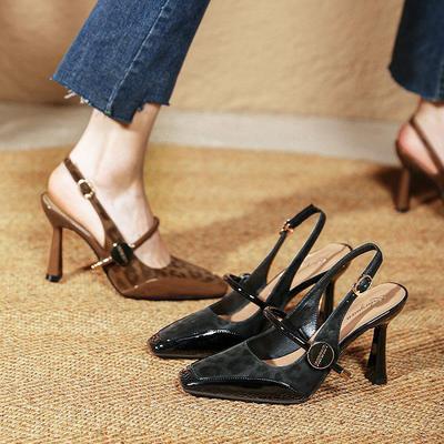 包头后空凉鞋女玛丽珍法式棕色豹纹高跟鞋细跟夏季方头一字带单鞋