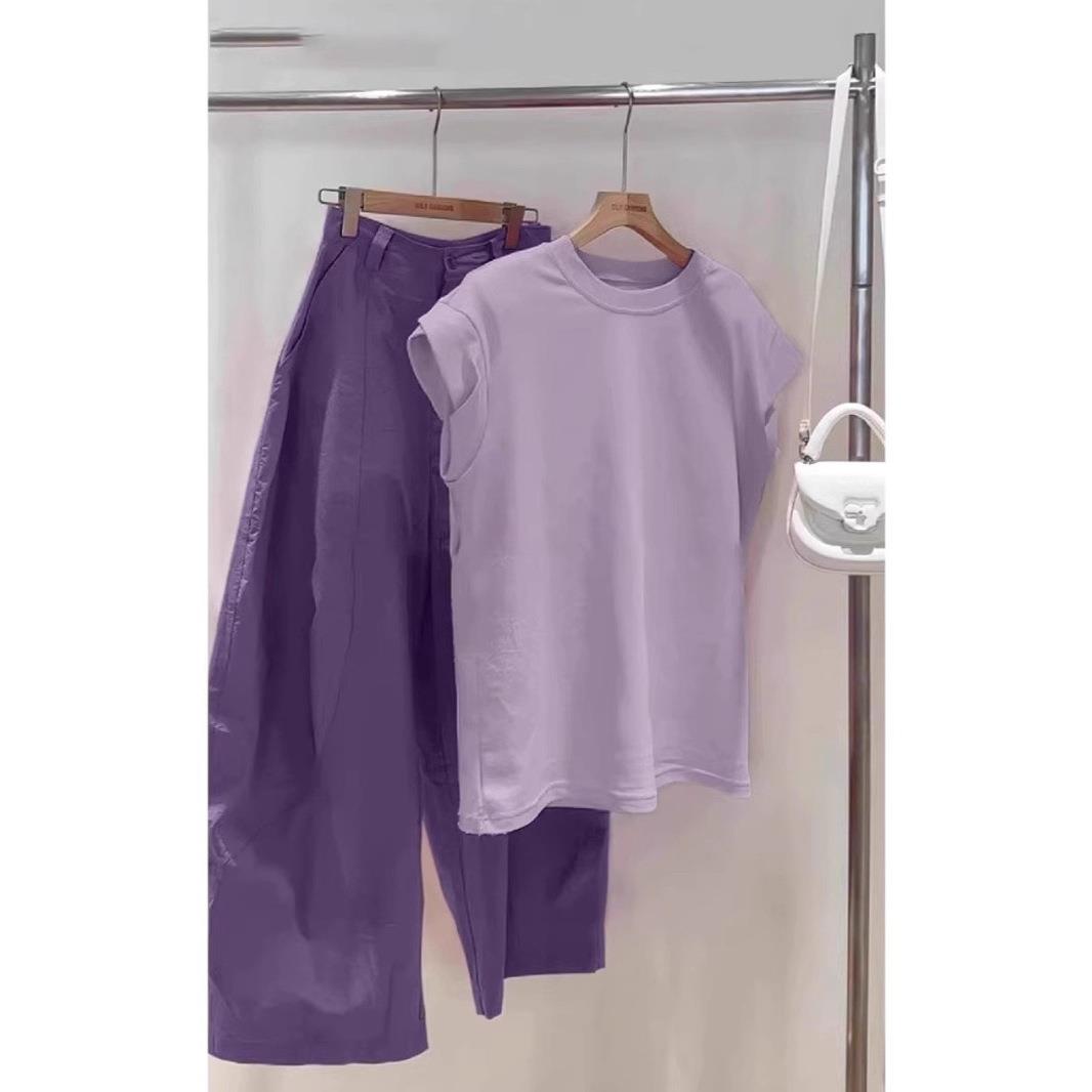 夏季爆款洋气穿搭两件套装女欧货漂亮时尚紫色短袖上衣阔腿直筒裤