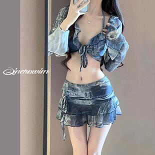 辣妹沙滩度假泡温泉 复古牛仔蓝显瘦修身 比基尼泳衣四件套长袖 时尚