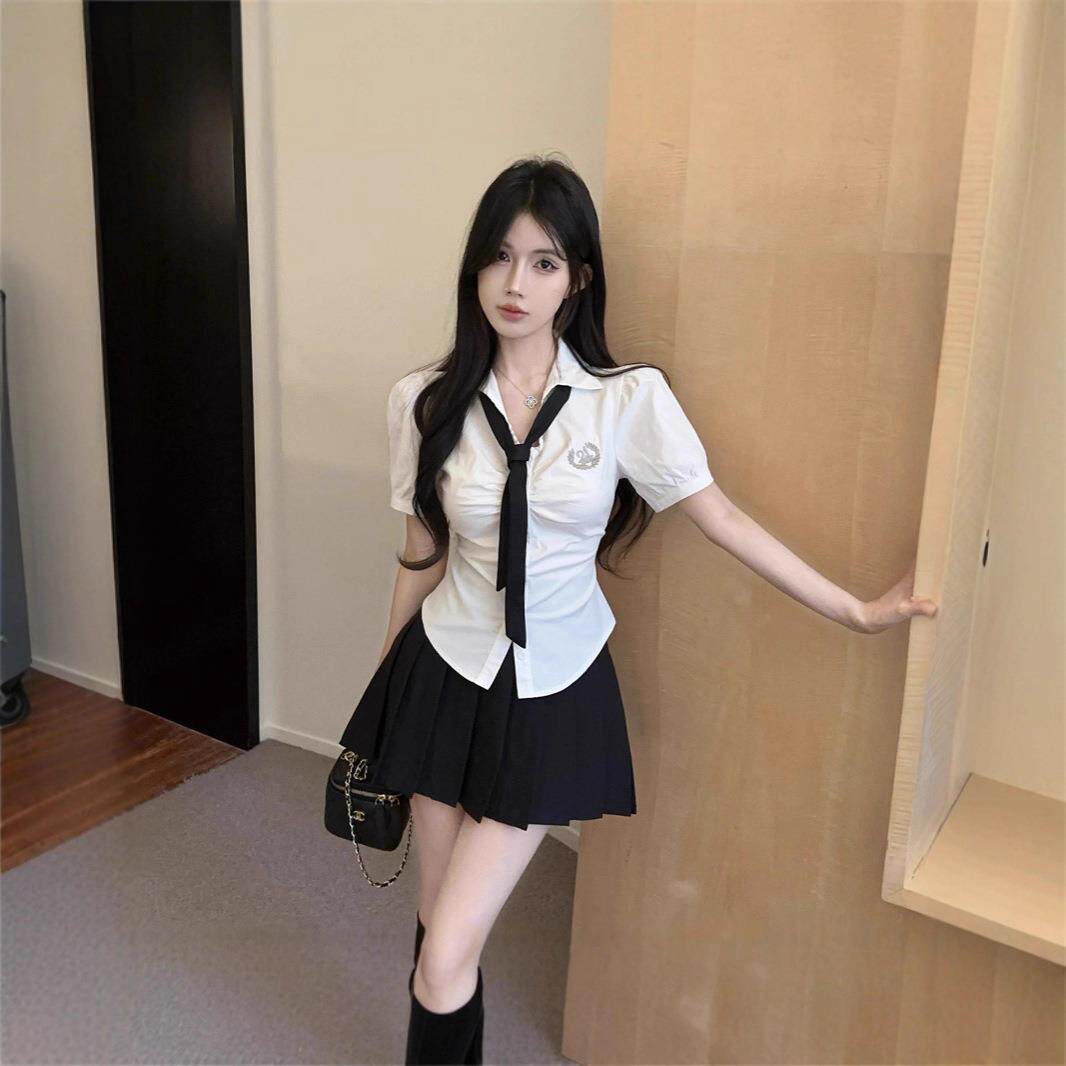 夏季新款学院风jk制服套装减龄修身领带衬衫纯欲显瘦百褶裙两件套