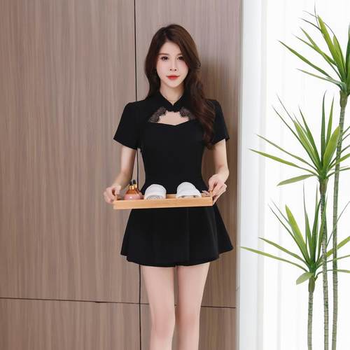 A9058新款足浴会所技师工作服女足疗养生馆采耳SPA店会所短裙套装