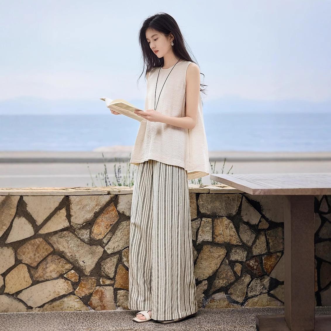 亚麻袖上衣女士阔腿裤时尚套装女夏新款舒适休闲清凉松弛两件套