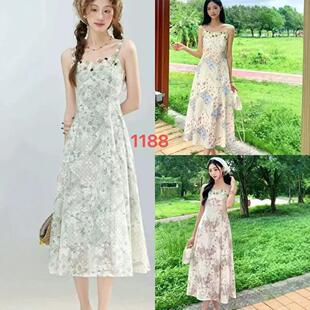 显瘦长裙 新款 法式 度假风绿色碎花连衣裙女夏季