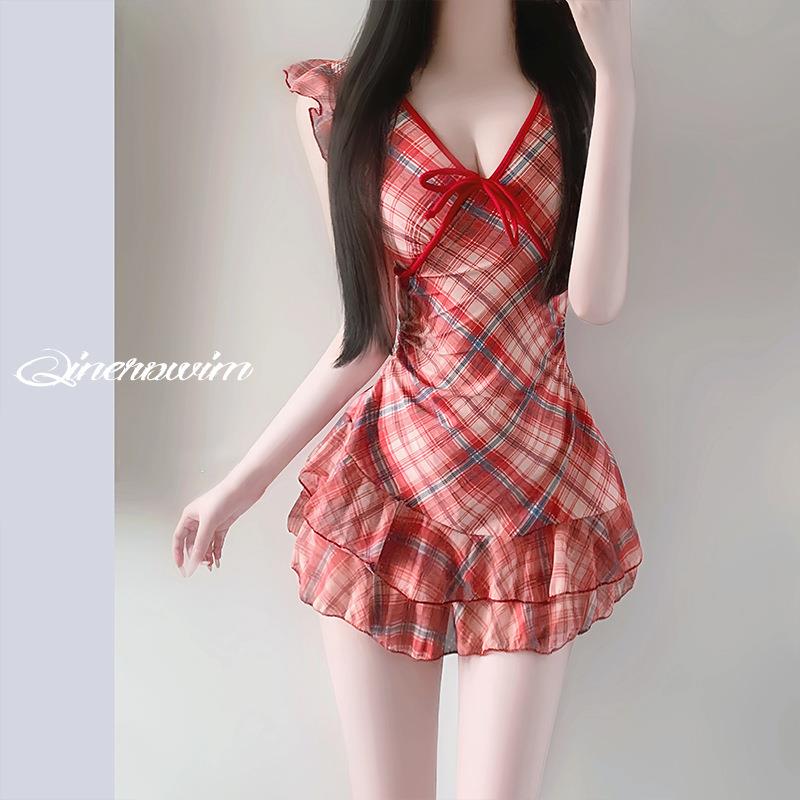 泳衣女款分体两件套独立平角裤复古格子少女裙式显瘦遮肉温泉泳衣